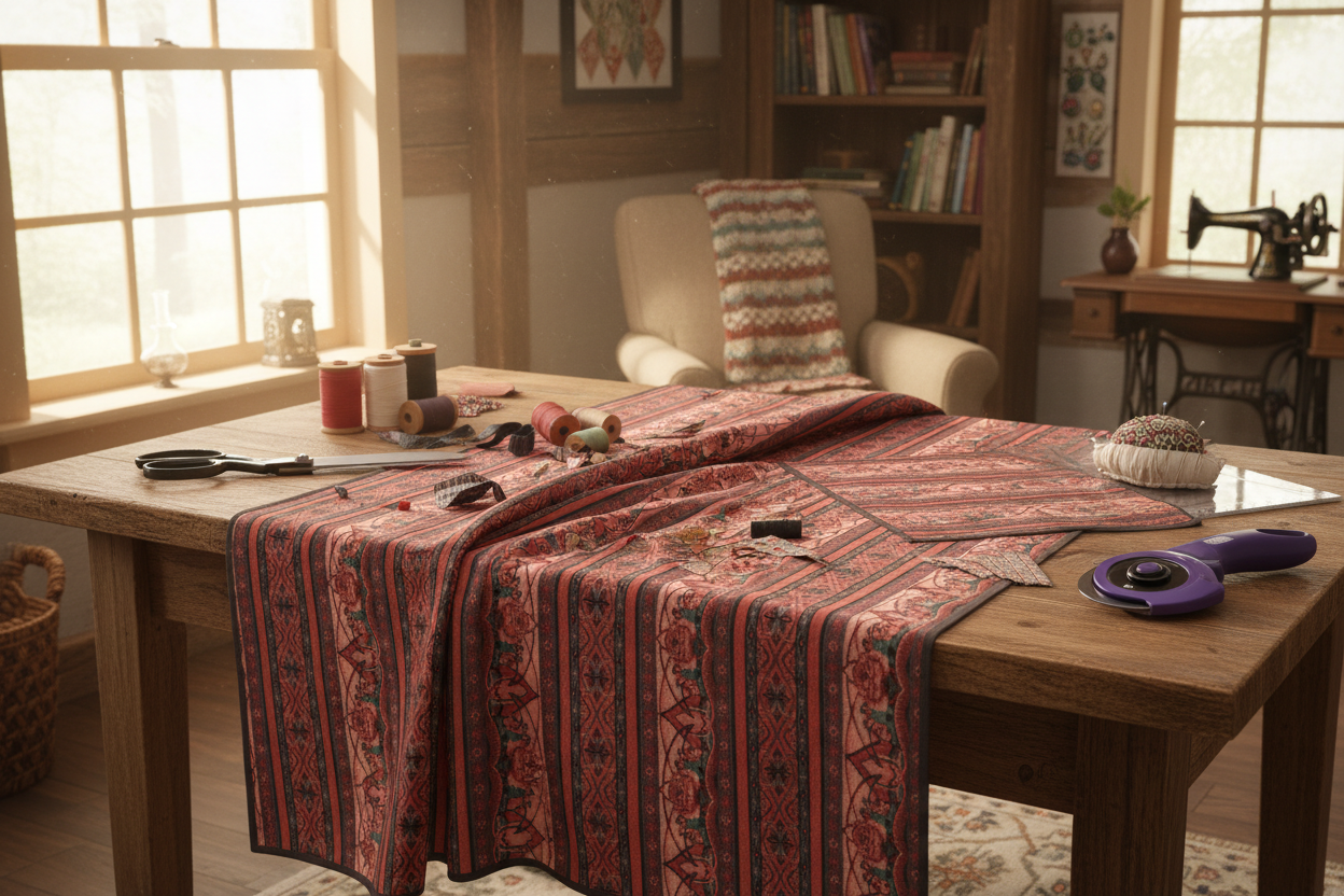 Border Basics floral stripe fabric draped on wooden table with quilting supplies in rustic workspace