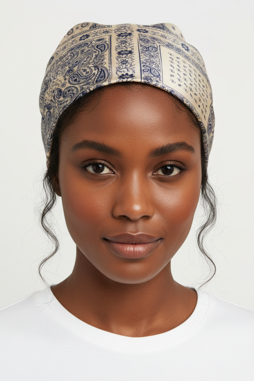Woman with deep skin tone wearing beige and navy blue paisley square scarf as a head wrap with white top on clean white background