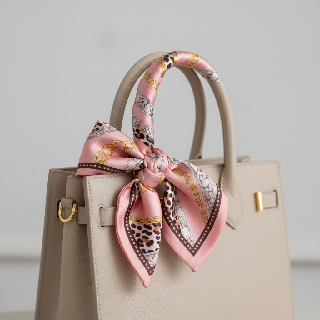 Blush Safari Satin Scarf 20x20 Tied as Bag Charm Purse Accessory Pink Leopard Print