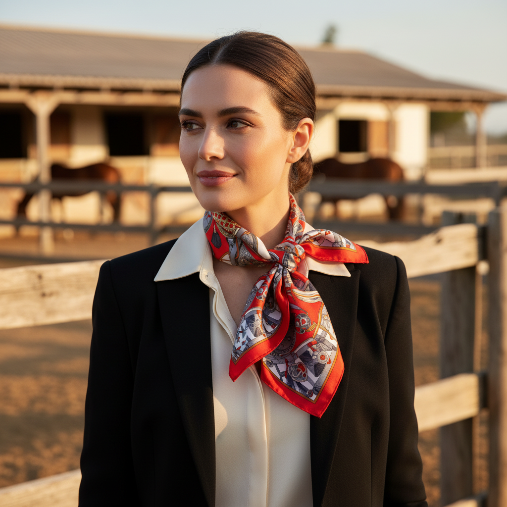 Woman wearing red equestrian harness satin scarf 20x20 tied around neck in classic style