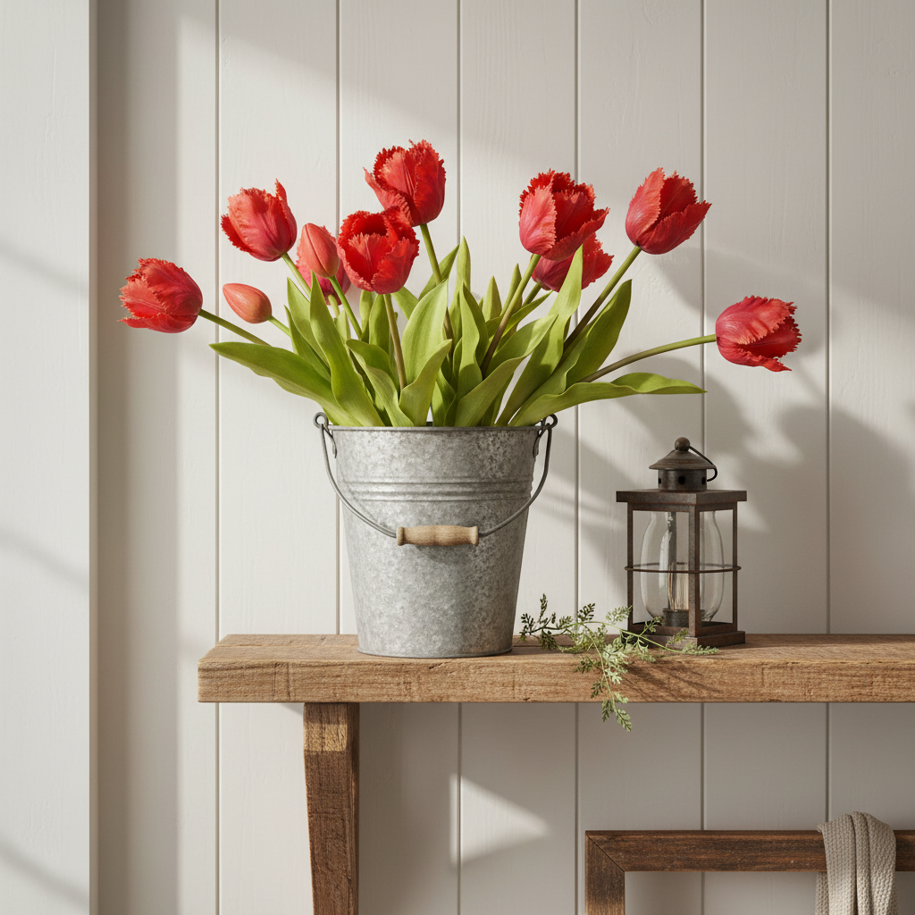 Artificial Red Parrot Tulips Rustic Farmhouse Entryway Shelf Arrangement Faux Silk Flowers Home Decor