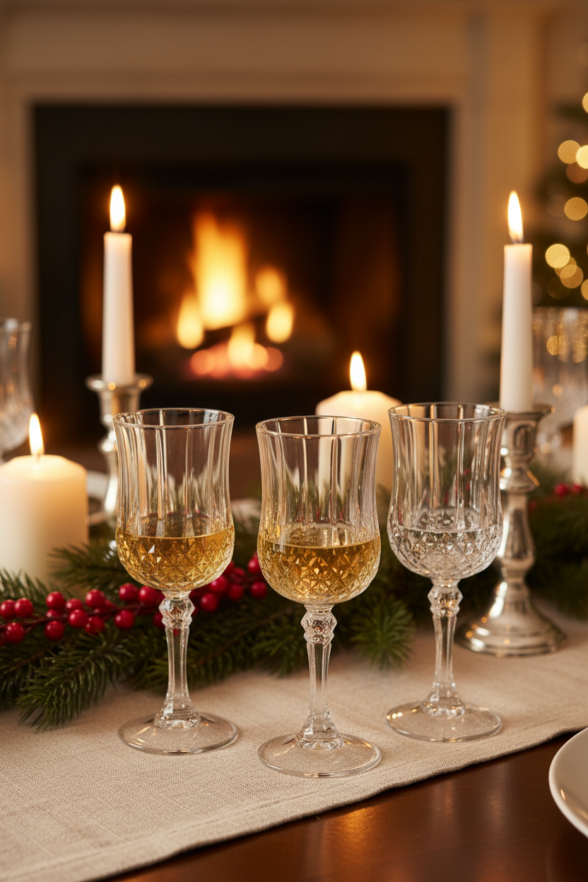 Four Cristal D'Arques Longchamp faceted crystal cordial glasses on a holiday dining table with pine greenery, red berries, white pillar candles, and golden dessert wine, warm fireplace glow in background
