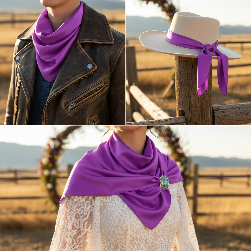 Multiple ways to style violet purple wild rag scarf - neck scarf, hat band, shoulder wrap