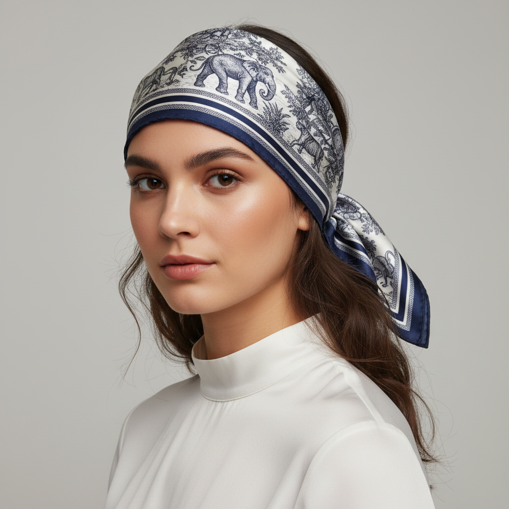 Woman wearing navy blue and white jungle safari animal print satin scarf as a headscarf