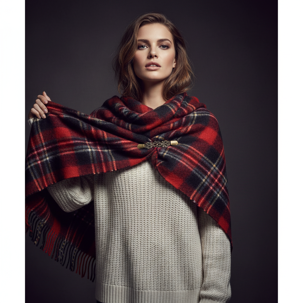 Antiqued bronze sweater clip holding red black plaid wool scarf as shawl wrap, luxury editorial