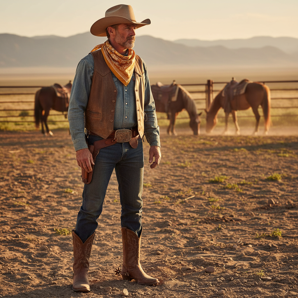 Cowboy wearing gold paisley wild rag scarf tied around neck at ranch with horses, unisex western style golden hour