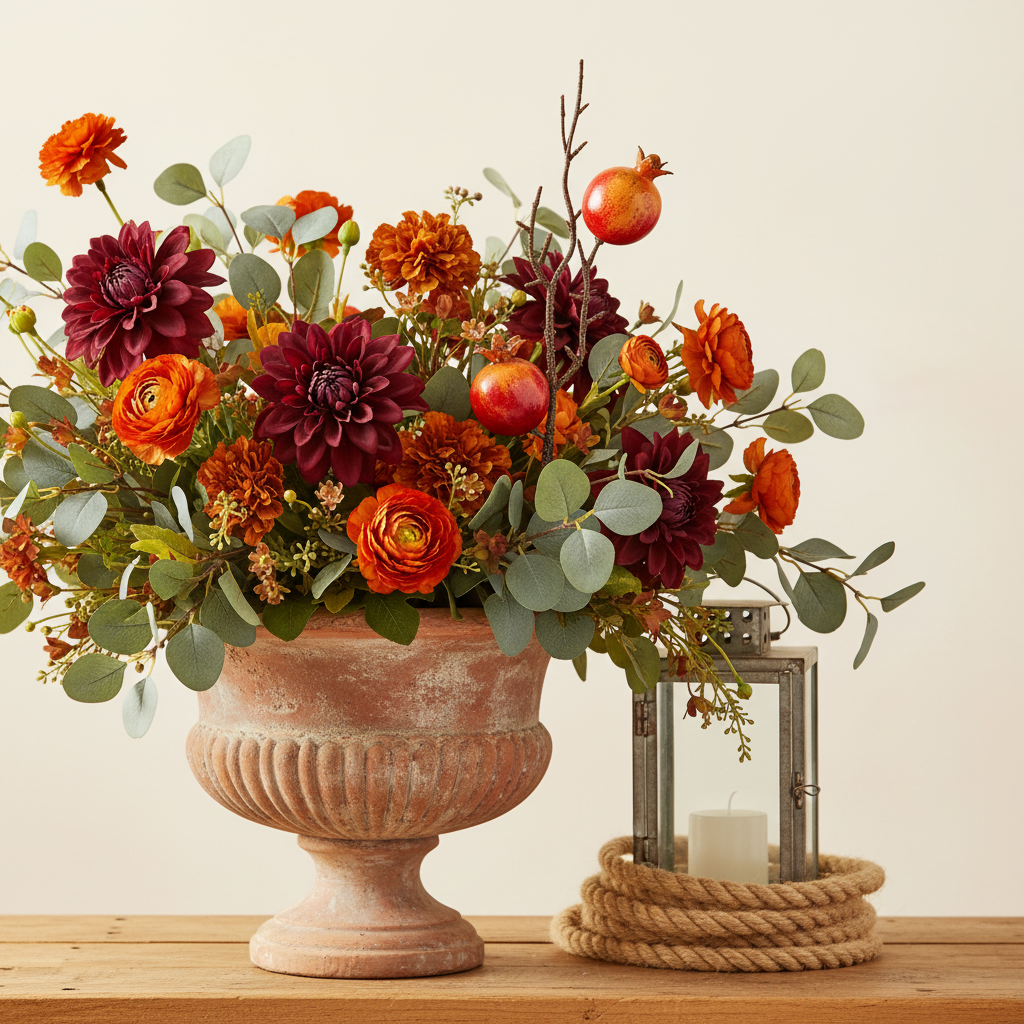 Artificial pomegranate stems with glossy red faux fruit tucked into a lush western wildflower arrangement in an aged terracotta urn with burgundy dahlias, burnt orange ranunculus, and eucalyptus