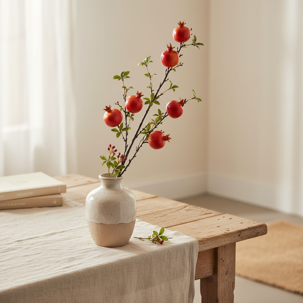 Faux pomegranate branch with glossy red-orange fruits in a neutral woven vase on linen surface, boho autumn home decor styling