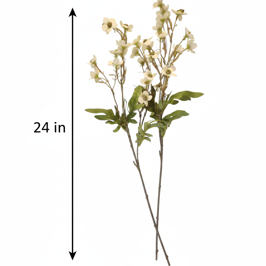 Artificial dogwood stems measurement diagram showing 24 inch height for faux wax flower bunch