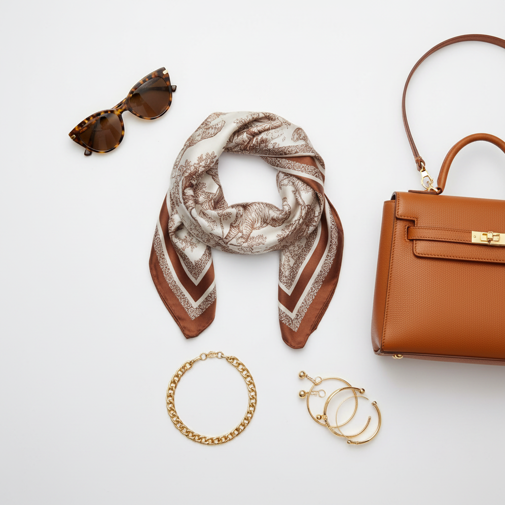 Brown beige jungle safari animal wildlife print 35 inch square scarf flat lay styled with gold jewelry sunglasses and leather handbag