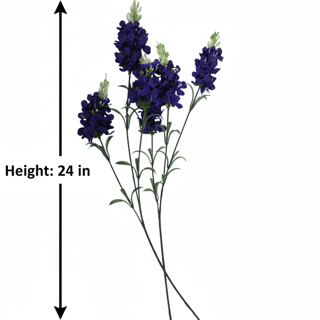 Artificial purple delphinium stems measurement diagram showing height 24 inches