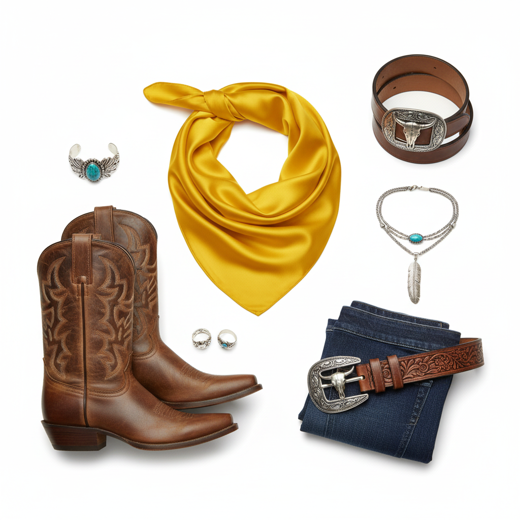 Flat lay of yellow wild rag scarf with western accessories including boots, belt, jewelry, and denim