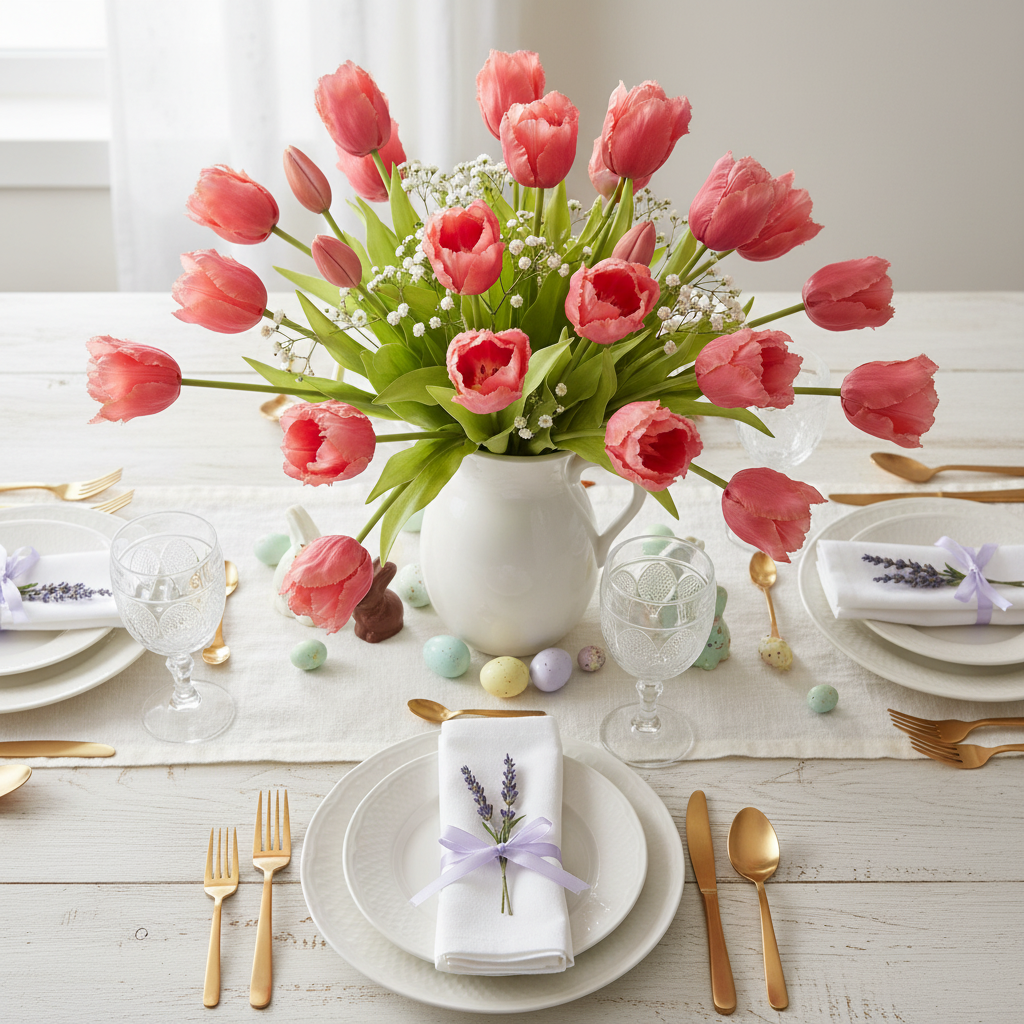 Coral pink tulip centerpiece for Easter brunch table - spring tablescape with artificial flowers