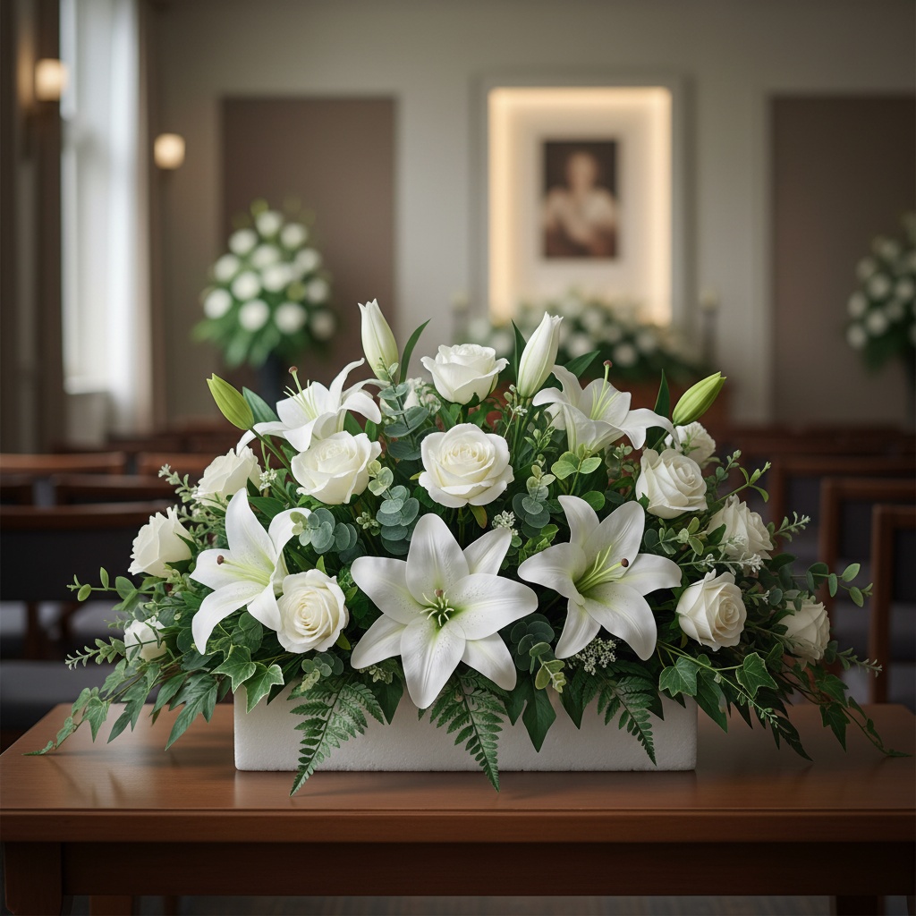 Elegant funeral floral tribute with artificial white lilies and roses inserted into white foam block base in dignified setting