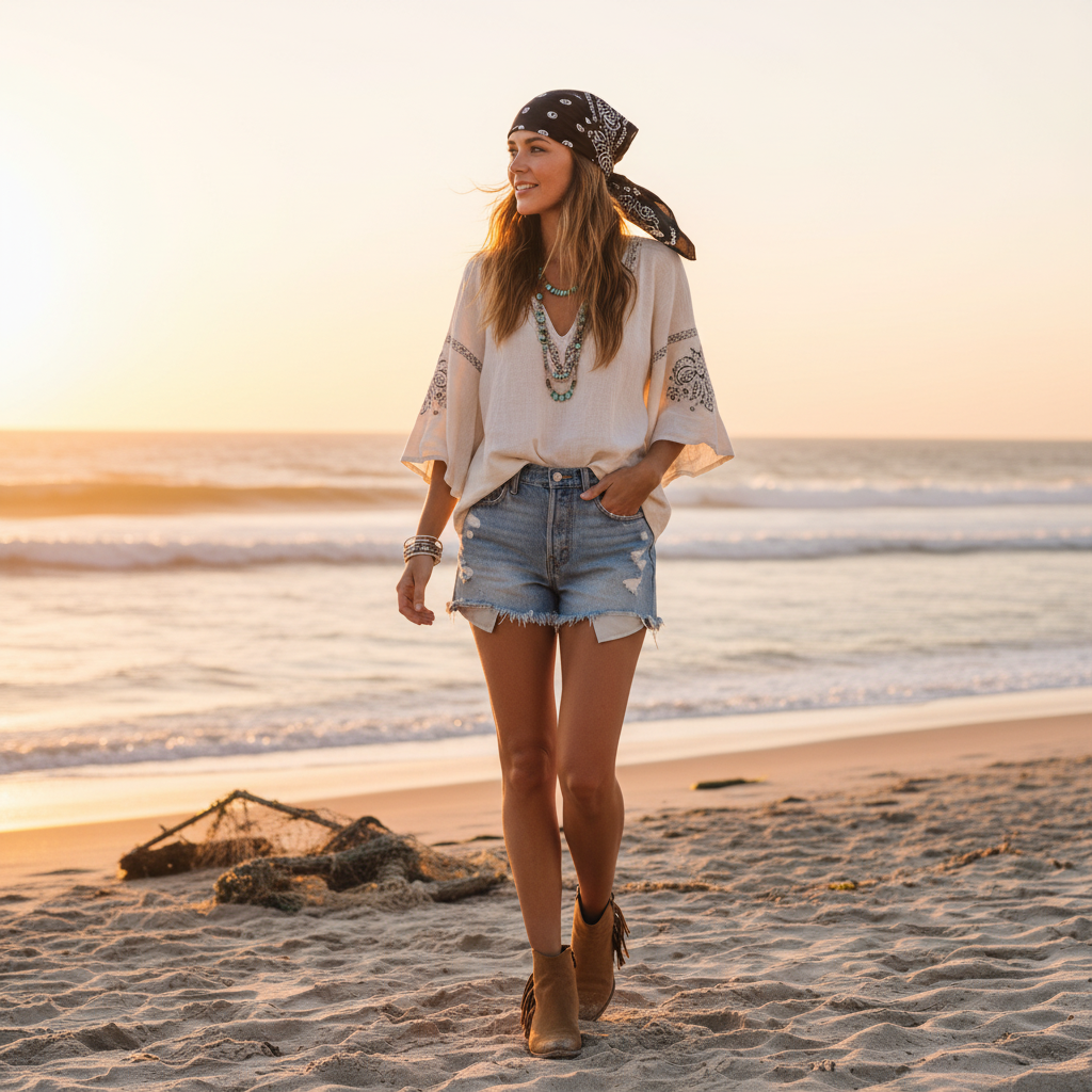 Woman wearing black white paisley scarf as headscarf coastal cowgirl style near beach, breezy summer atmosphere