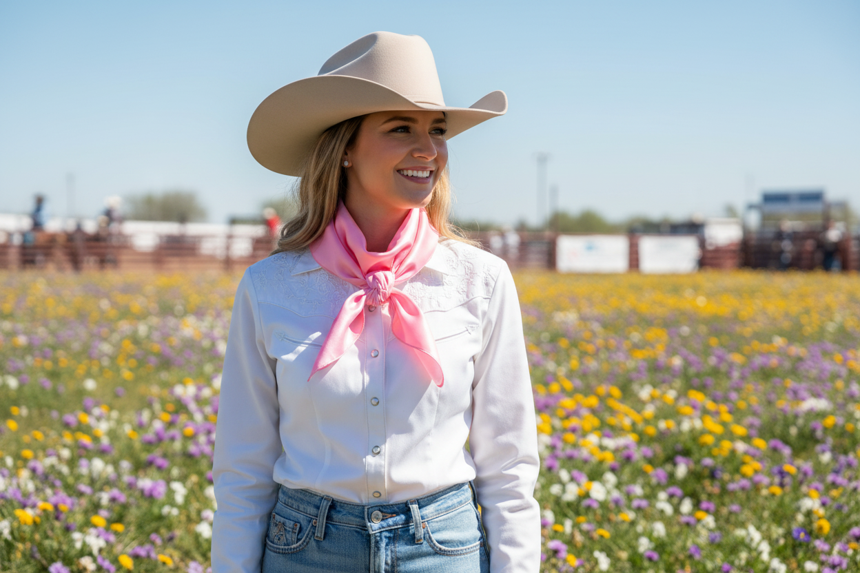 Light pink wild rag worn at spring rodeo with blooming wildflowers and blue sky