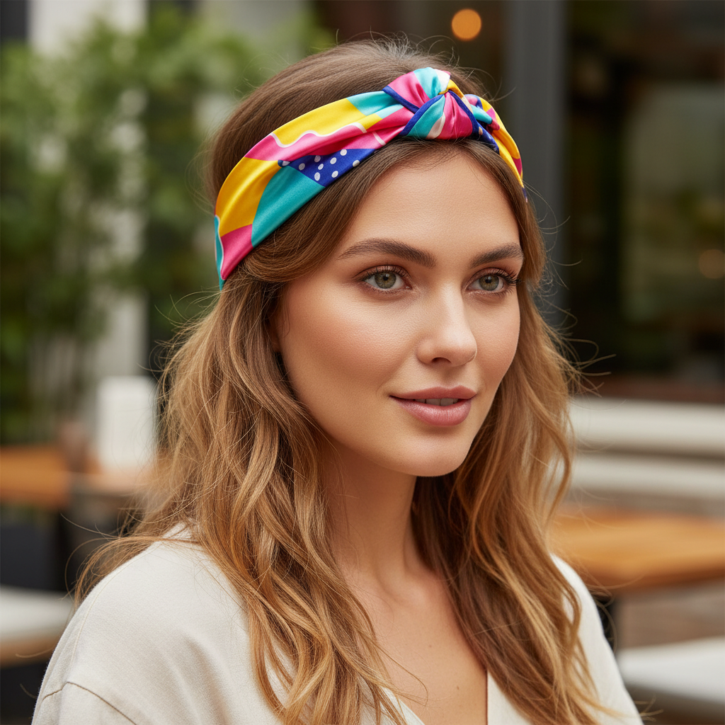 Retro Geometric Satin Scarf Styled as Headband 20x20 Pop Geometry Hair Accessory