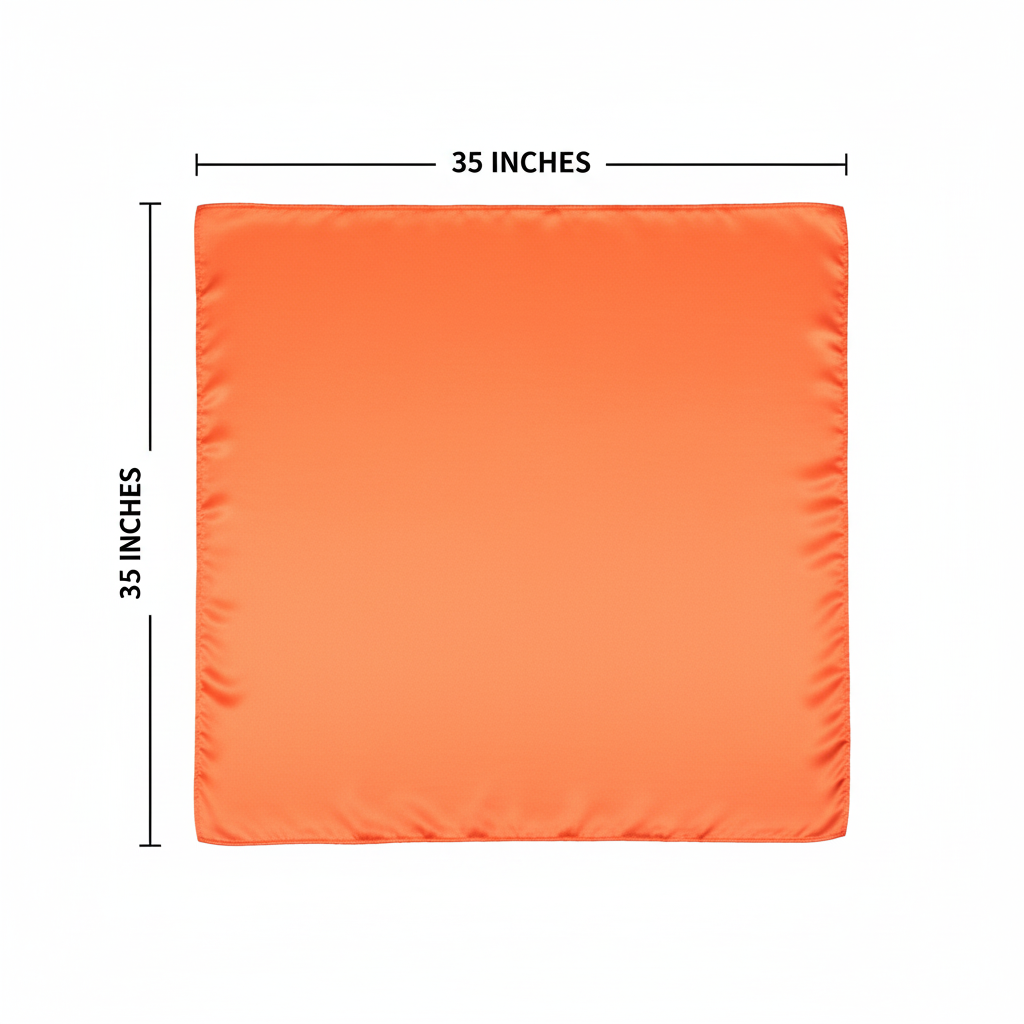 Measurement diagram showing coral orange wild rag scarf 35x35 inches laid flat on white background