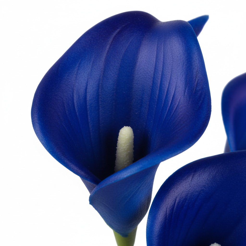 Close-up of cobalt blue calla lily artificial flower bloom showing realistic petal detail