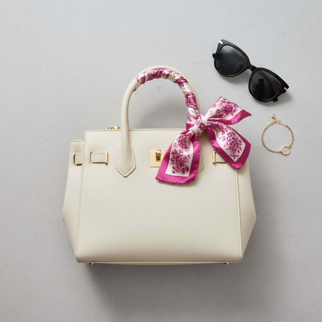 Magenta floral satin scarf tied to handbag handle as purse accent accessory