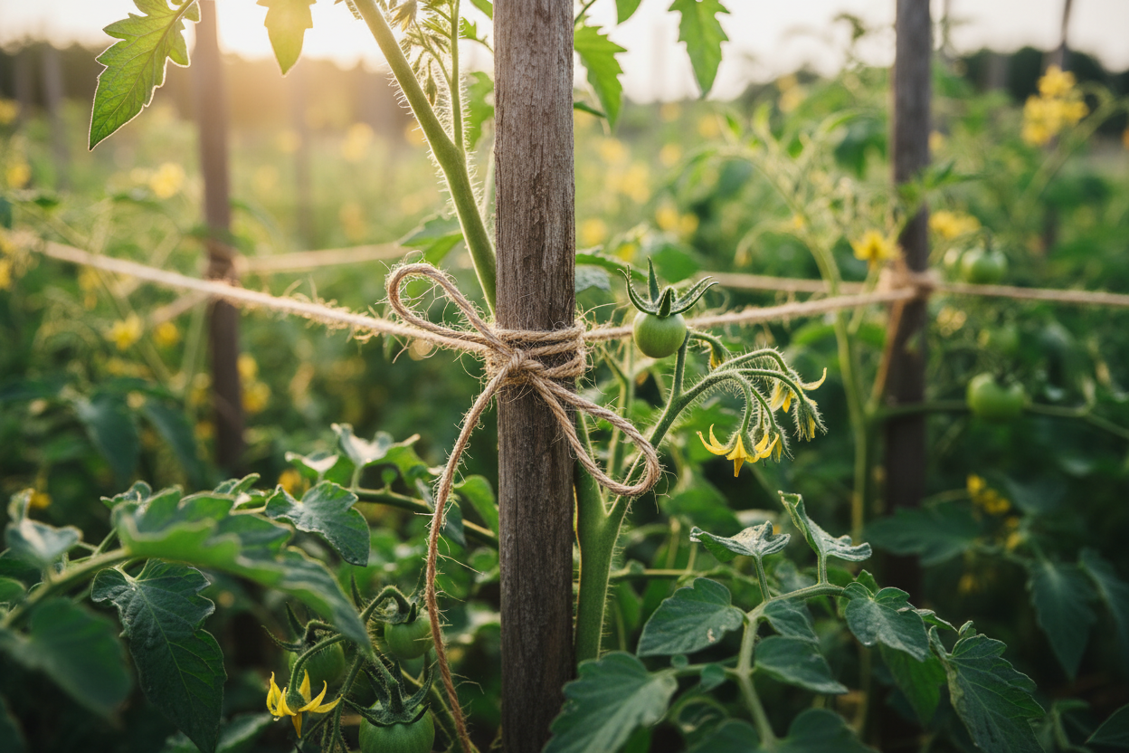 Natural jute twine rope tied around tomato plant stems to a wooden garden stake in a lush vegetable garden with warm golden sunlight