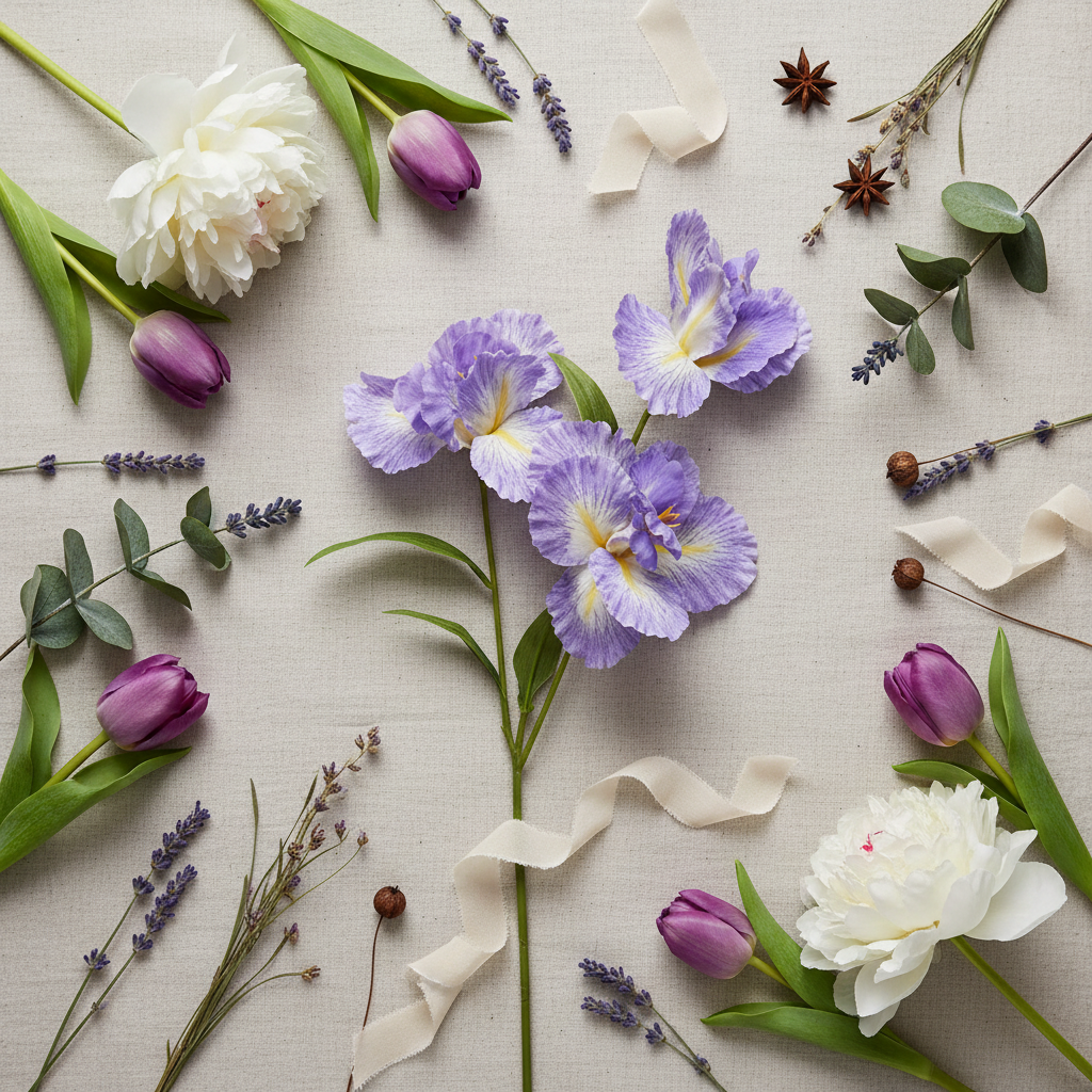 Faux lavender iris stem flat lay on neutral linen background with scattered lavender sprigs, purple tulips, white peonies, eucalyptus, dried botanicals and cream ribbon, overhead view