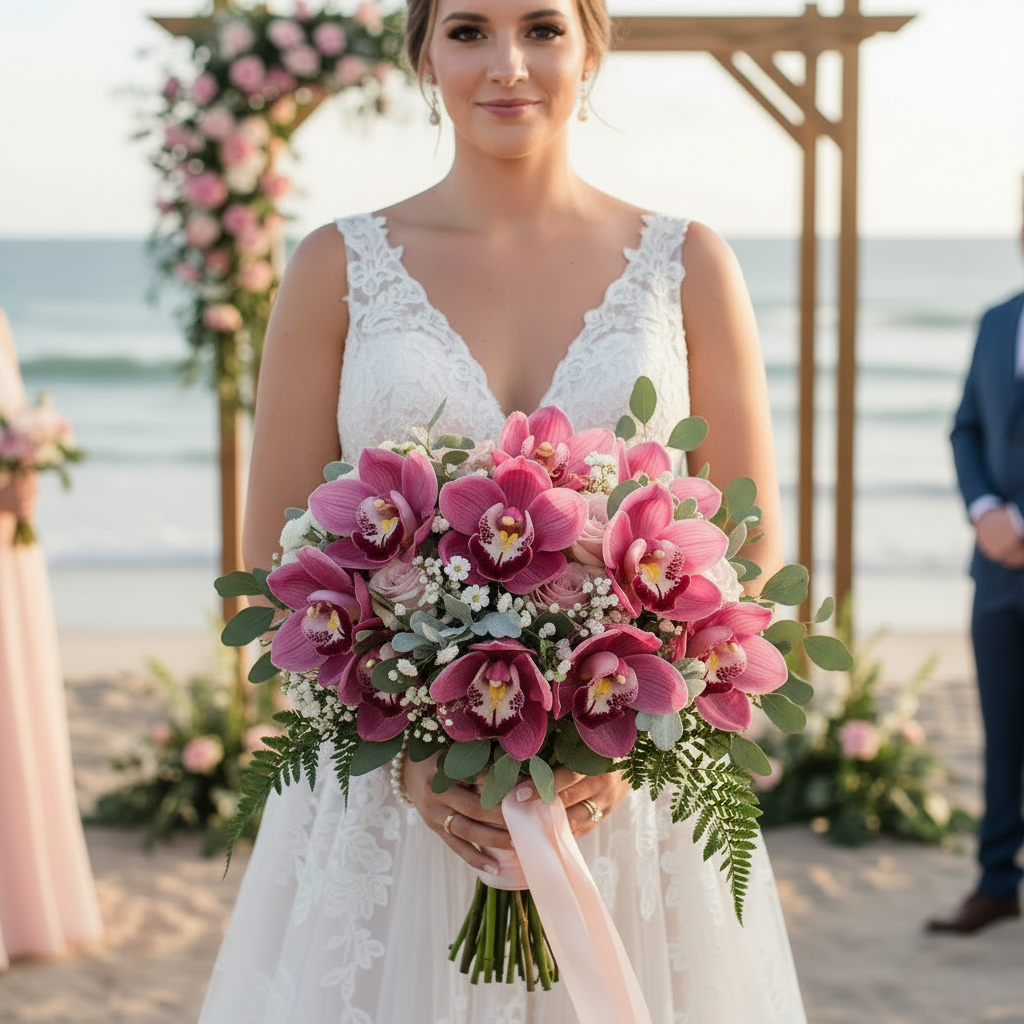 Bride holding a full rounded bridal bouquet featuring deep hot pink Cymbidium orchid stems with rose and greenery accents, beach wedding setting
