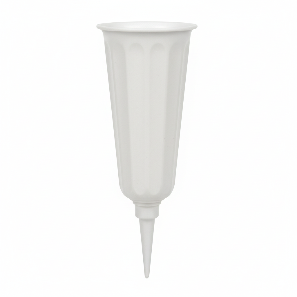 Close-up detail of weather-resistant white cemetery vase showing cone shape and ground spike