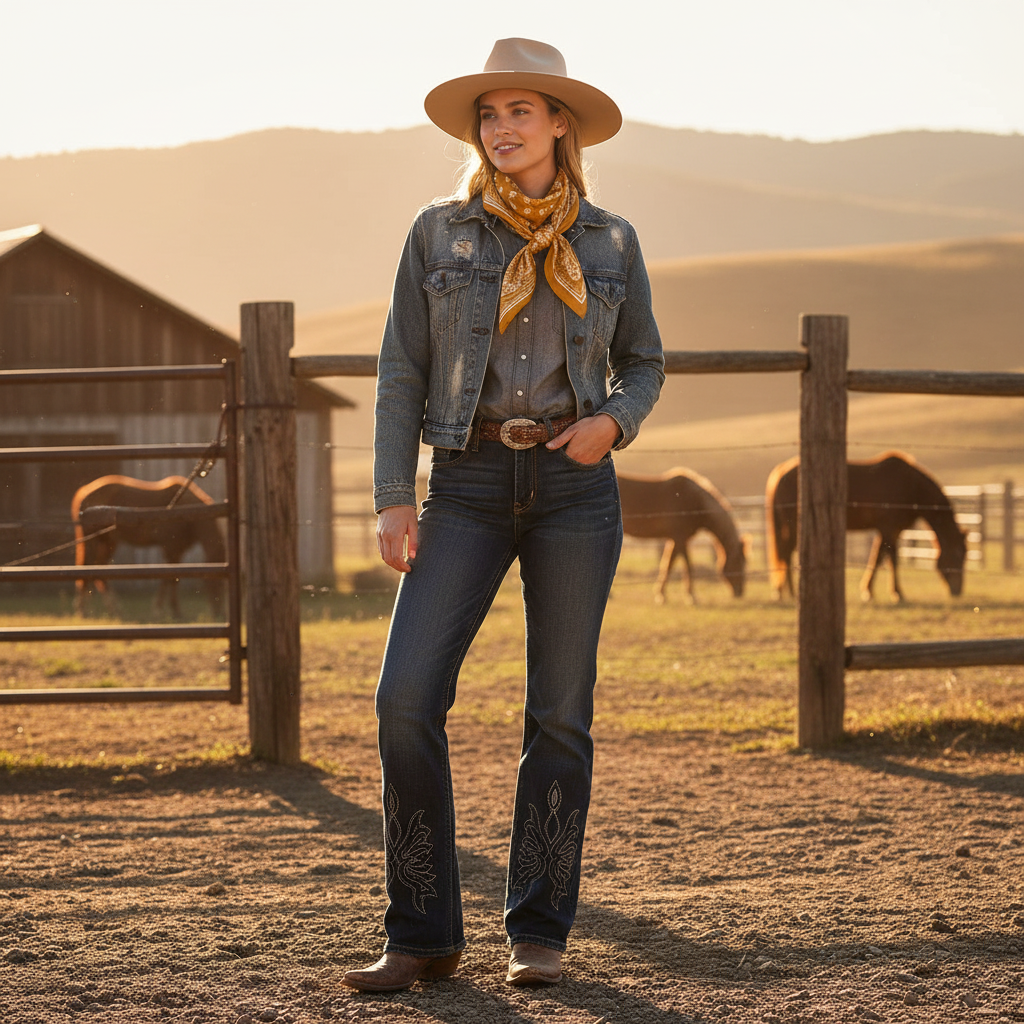 Woman wearing gold paisley wild rag scarf tied around neck at ranch, western cowgirl style golden hour