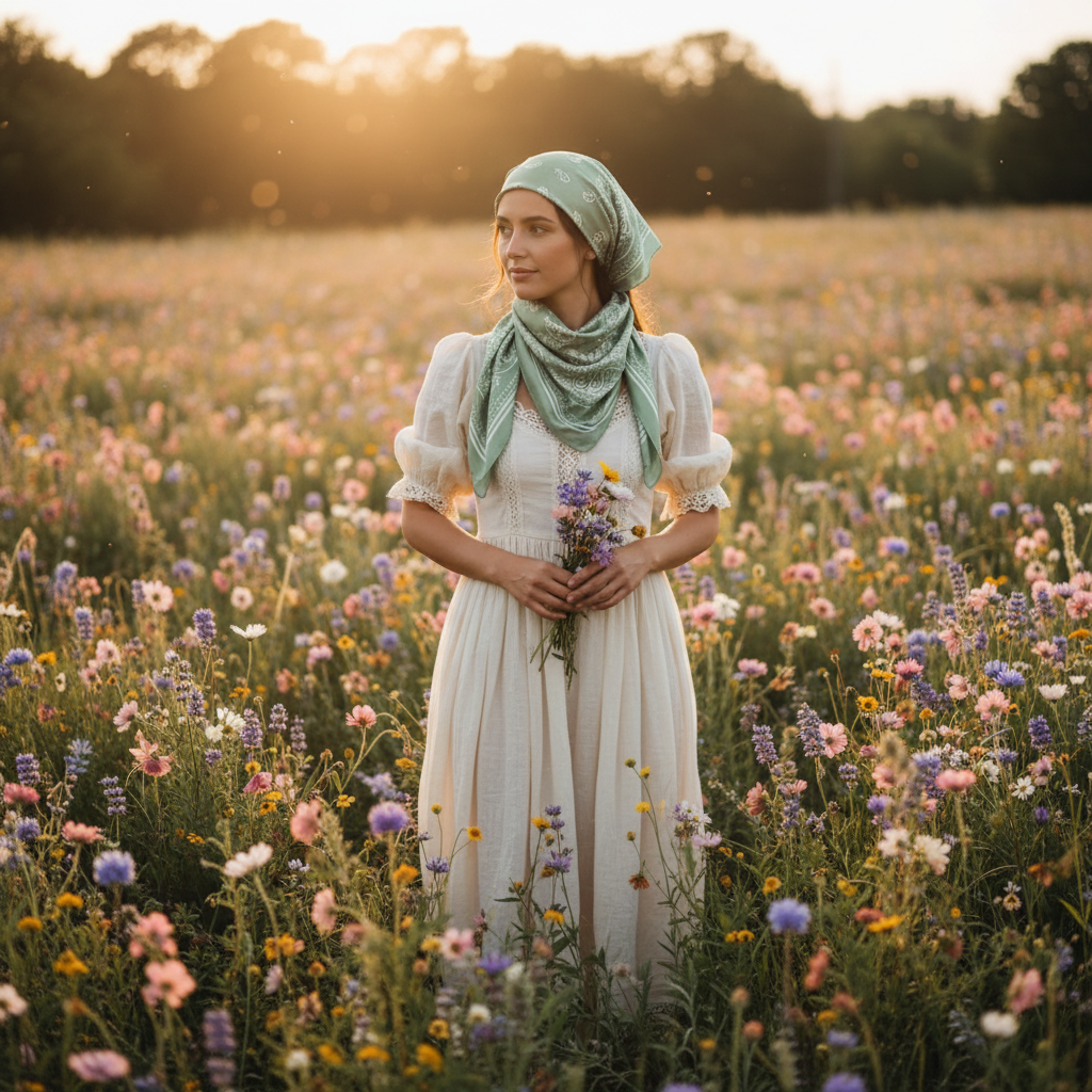 Woman wearing sage green paisley scarf as headscarf in wildflower field, cottagecore boho style soft natural light