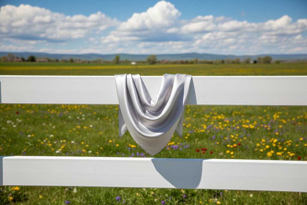 Silver gray wild rag draped on white fence with spring wildflowers and green pastures