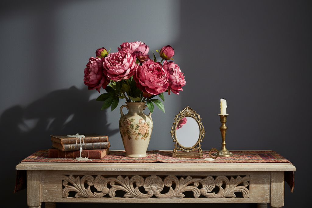 Boho console table styled with rose pink peony arrangement with burgundy tips and vintage decor in moody romantic palette