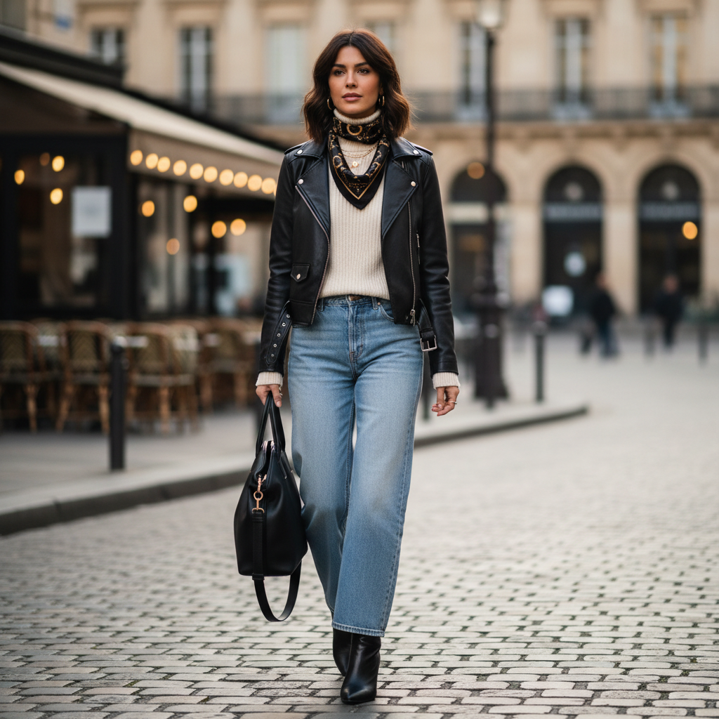 Woman Wearing Black Gold Paris Chain Satin Scarf as Neck Scarf 20x20 Square Accessory