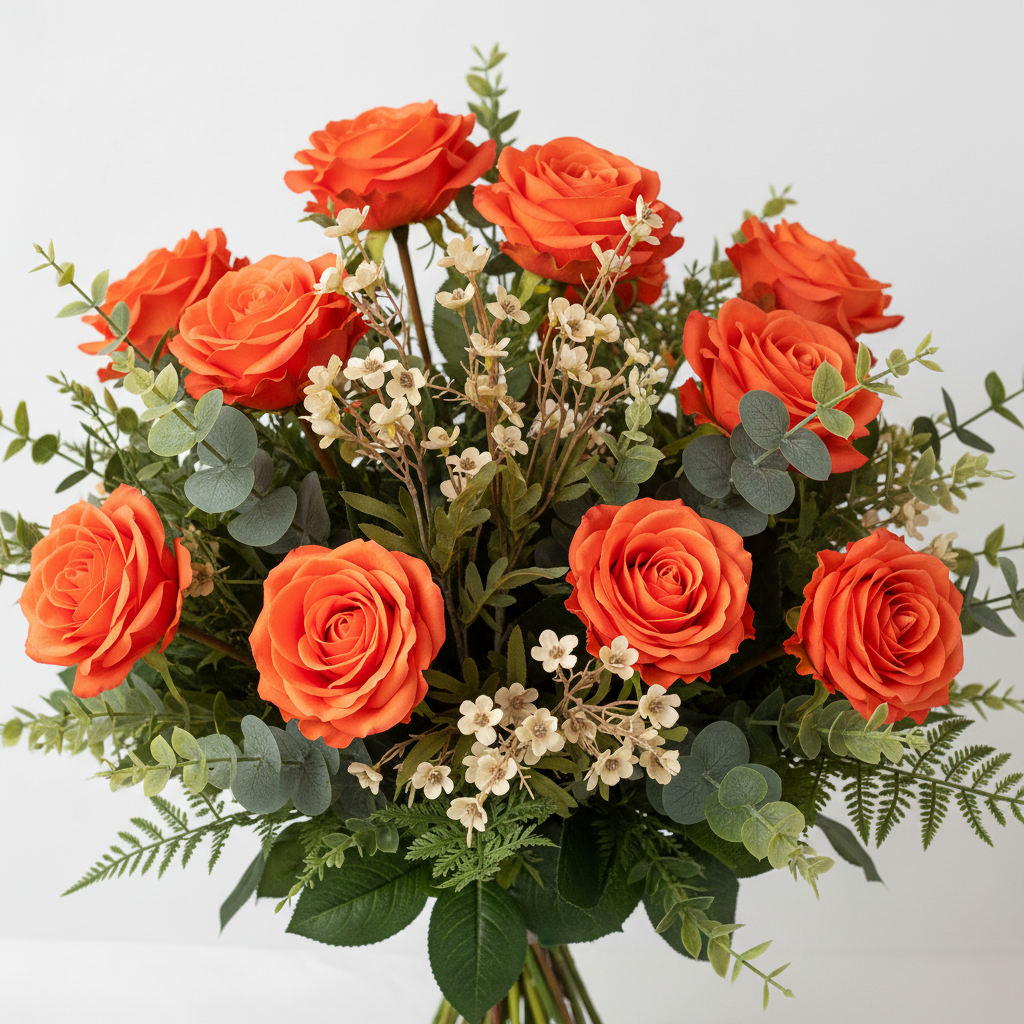 Artificial cream beige dogwood stems as filler flower in professional orange rose bouquet arrangement