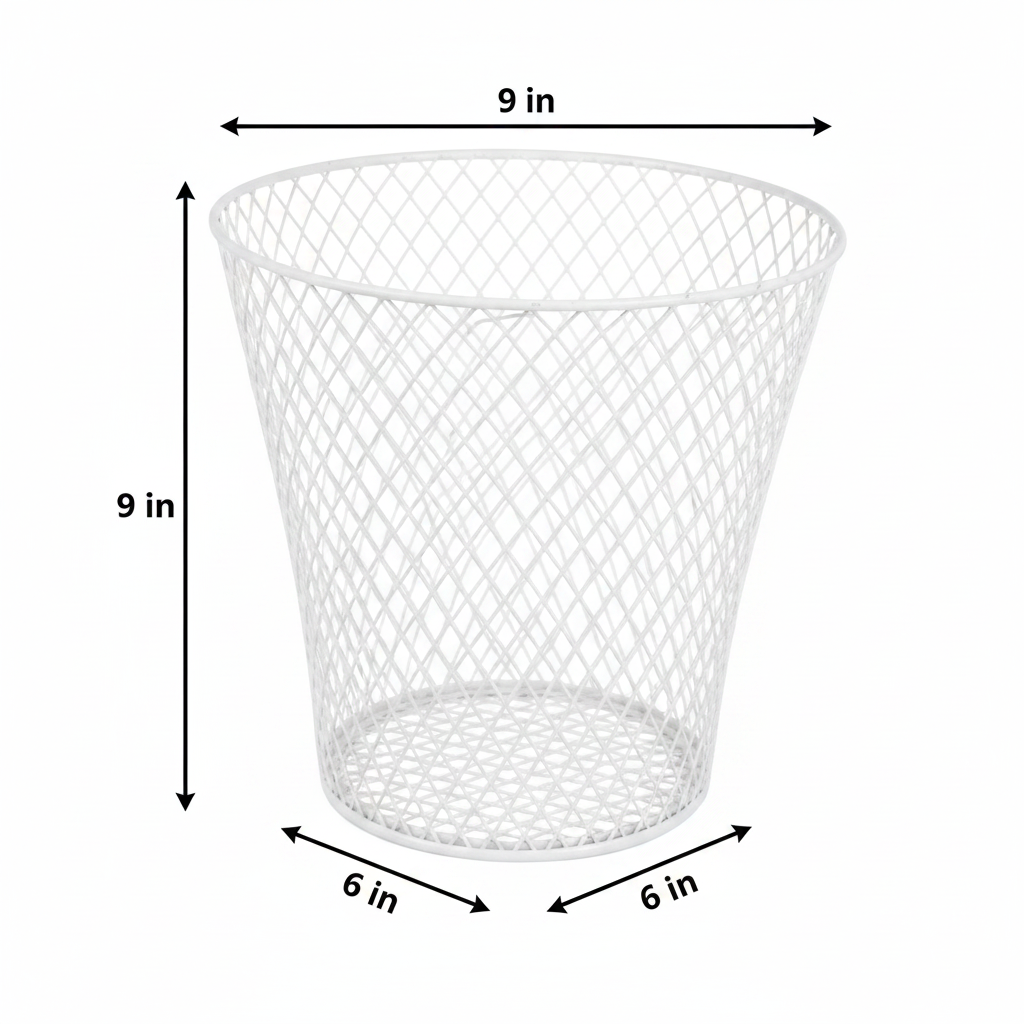 White wire mesh basket measurement diagram showing top diameter 9 inches, height 9 inches, bottom diameter 6 inches on white background