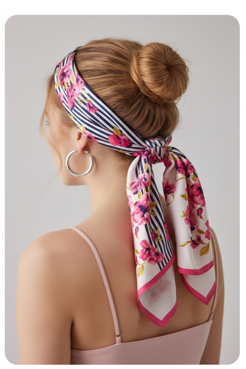 Woman with strawberry blonde hair in updo bun with pink navy floral stripe satin square scarf tied in flowing bow blush pink top silver hoop earrings side angle