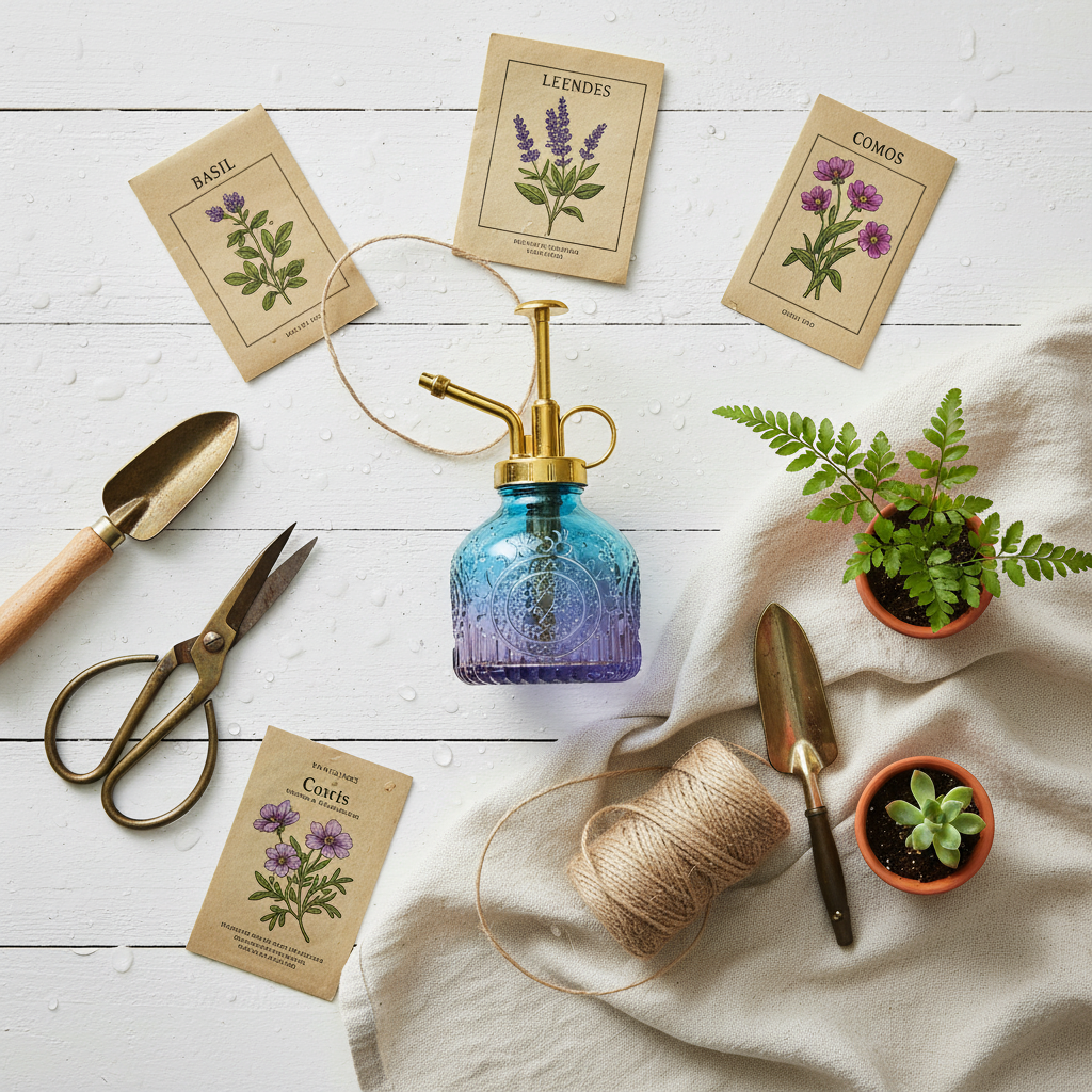 Flat lay of blue purple gradient glass plant mister with vintage gardening tools, twine, seed packets, and potted plants on white wood