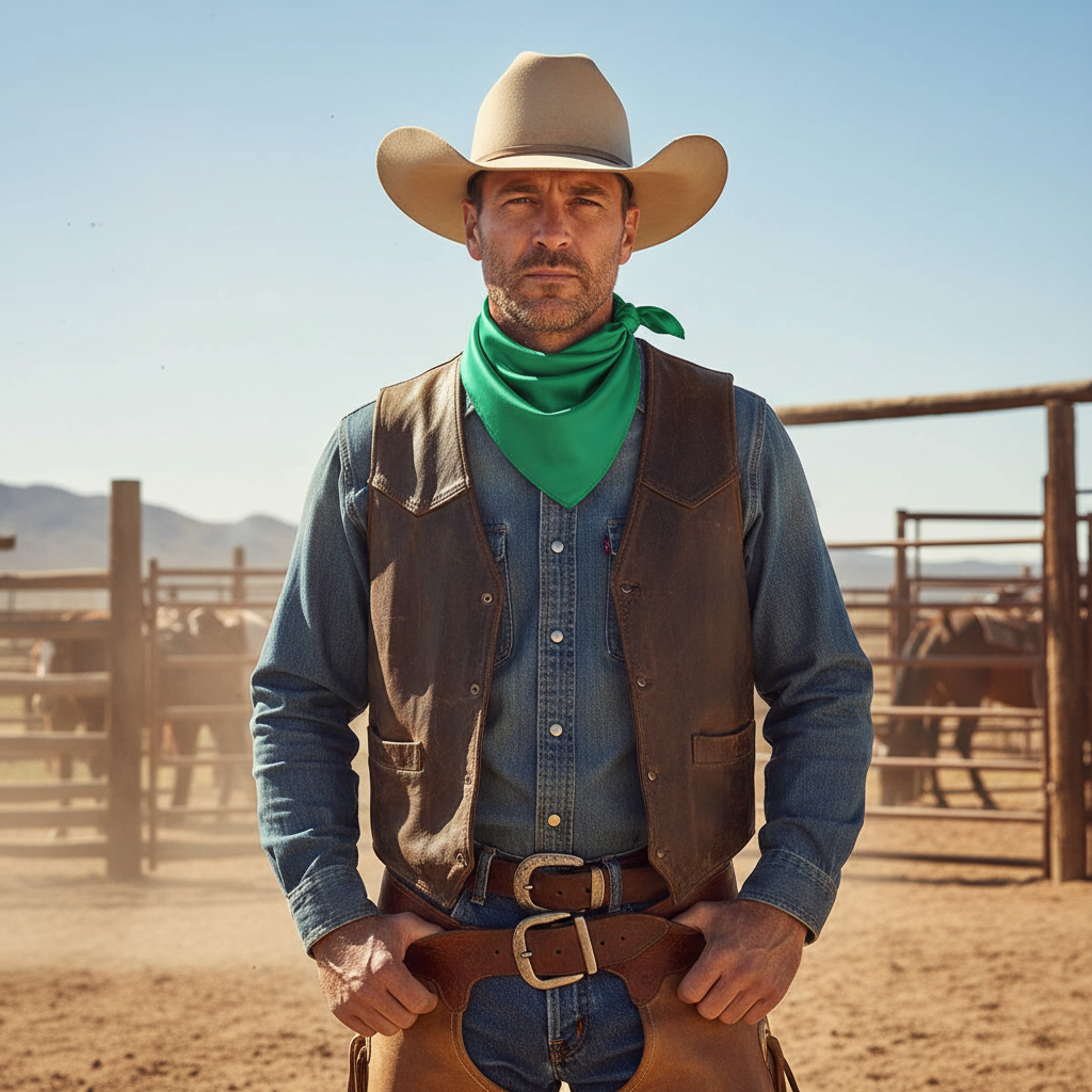 Cowboy wearing jade green wild rag scarf in traditional western style with cowboy hat and ranch wear