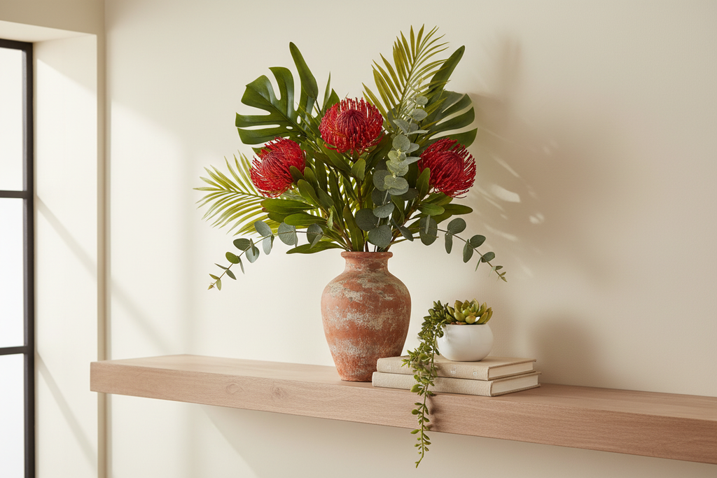 Red protea stems in rustic terracotta vase with tropical greenery, modern farmhouse styling