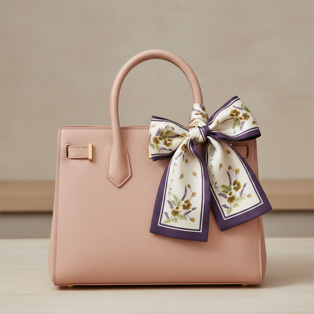 Blush pink and purple floral satin scarf tied to handbag as decorative bag charm