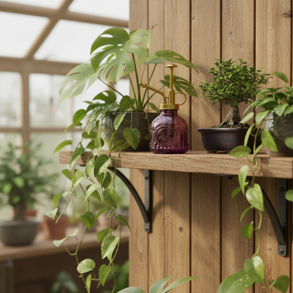 Purple glass plant mister with gold pump on rustic wooden shelf with hanging plants and bonsai