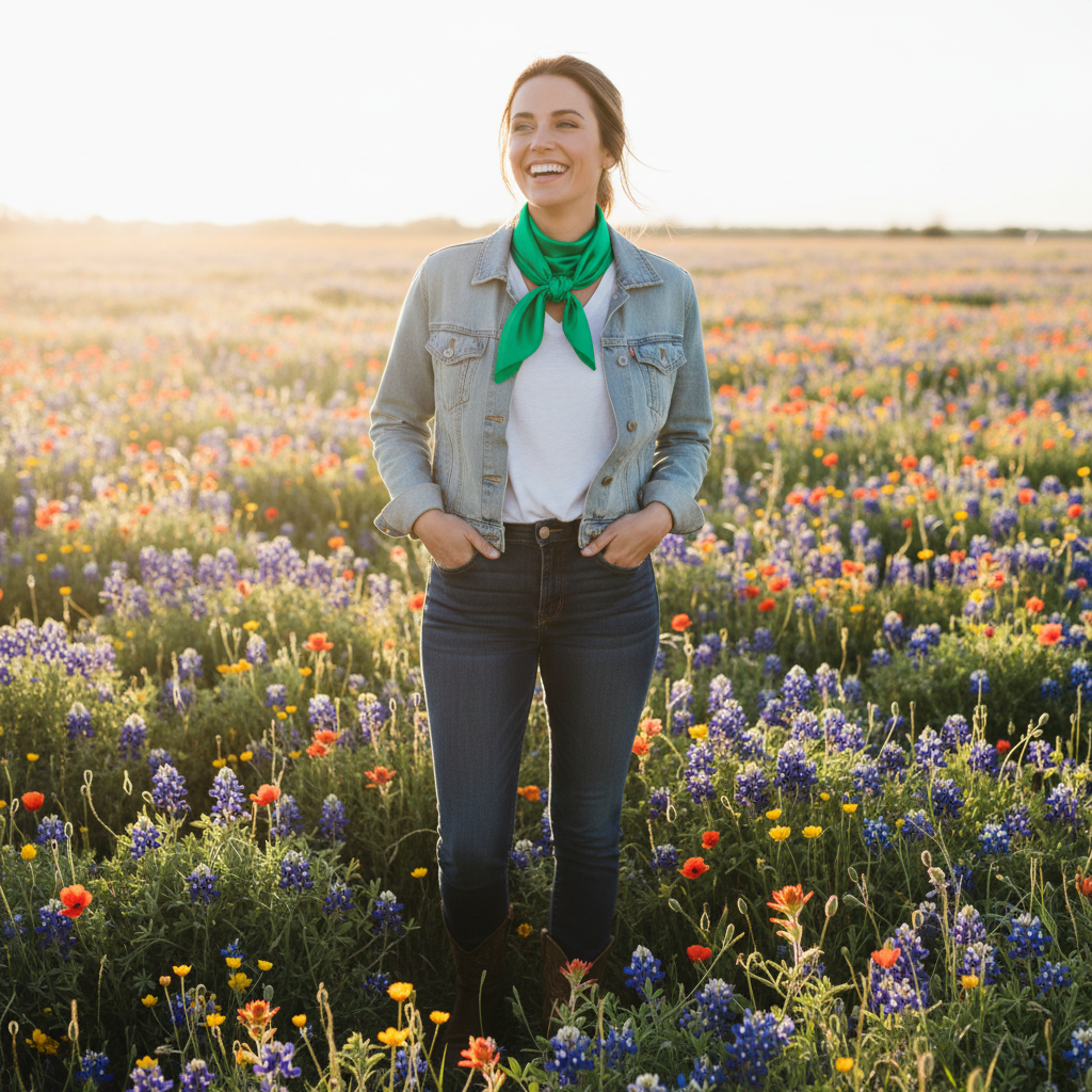 Woman wearing jade green wild rag scarf in spring wildflower field with western inspired outfit