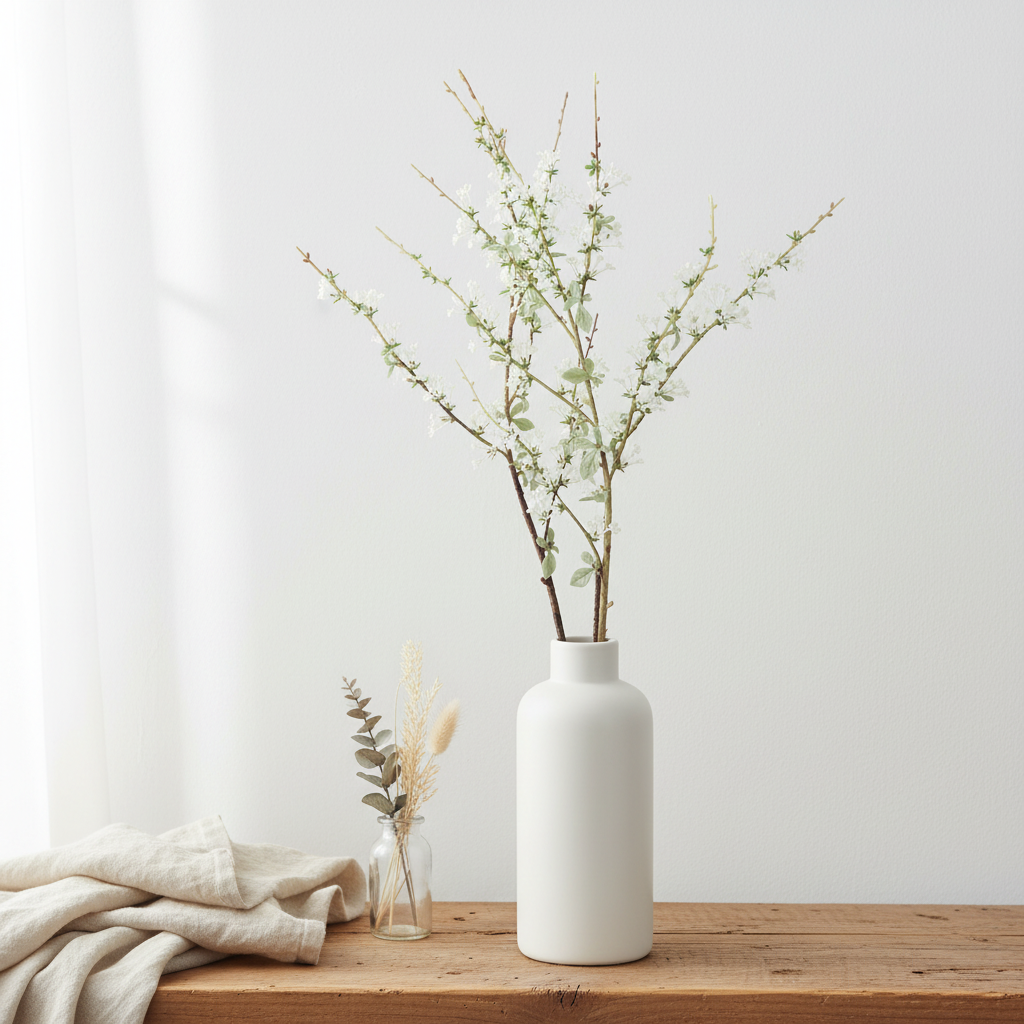 Faux white blossom branch stems styled in white ceramic vase on wooden shelf in rustic minimalist home decor