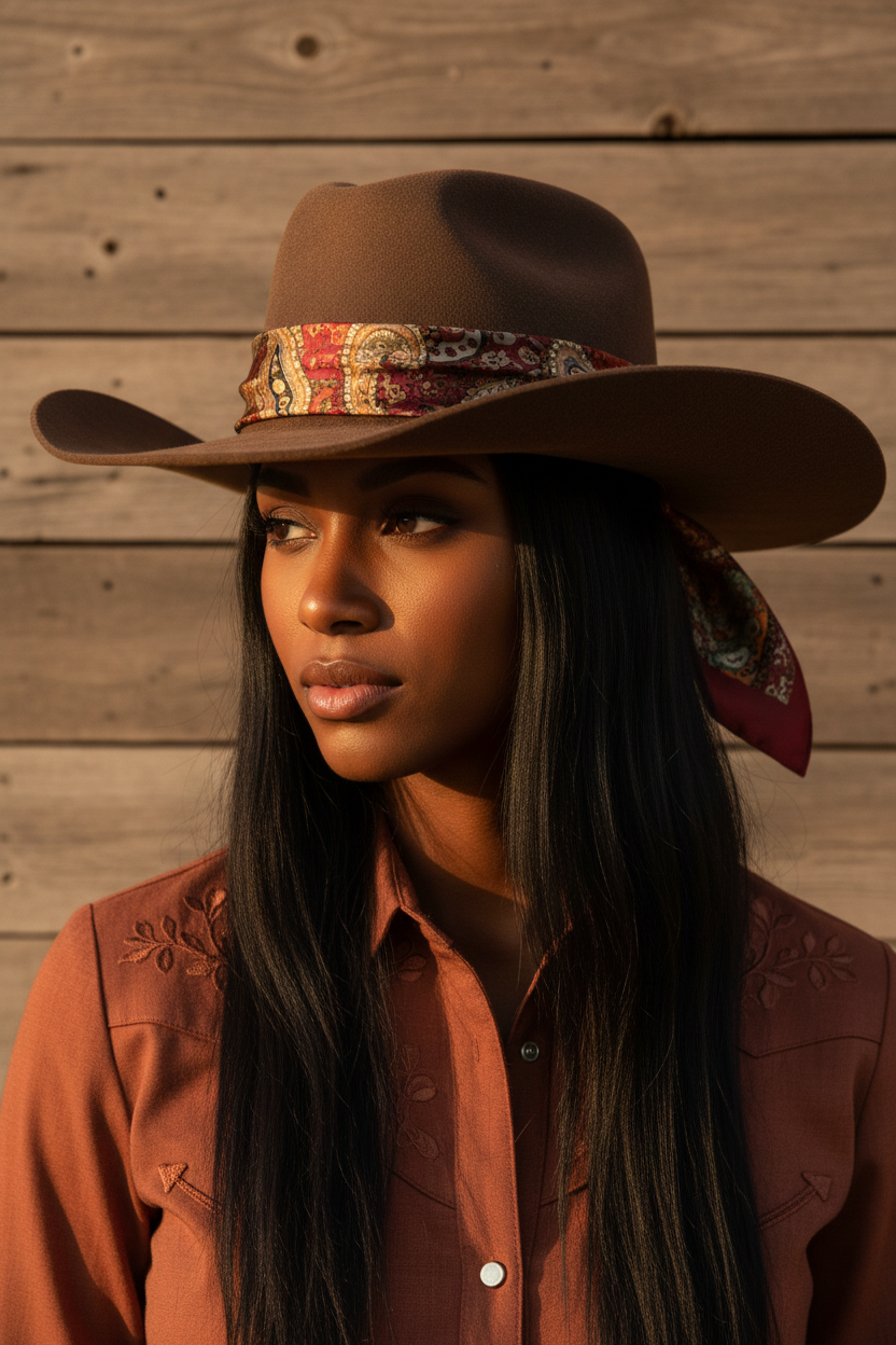 Woman with deep skin tone wearing burgundy paisley satin scarf as hat band on wide-brim brown felt western hat with rust blouse and barn wood background