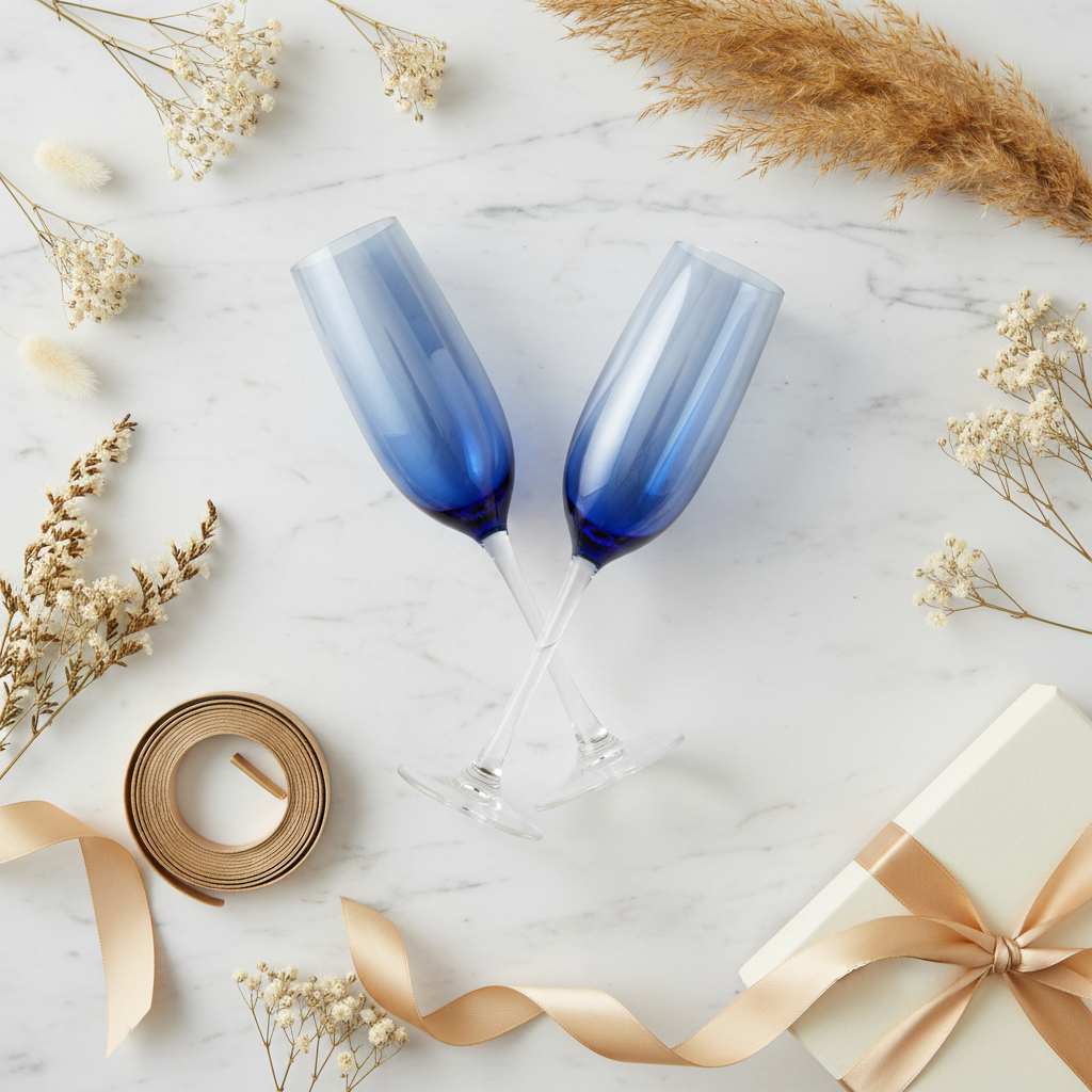 Vintage Libbey Vina blue ombre champagne flutes flat lay gift presentation with dried flowers and gold ribbon