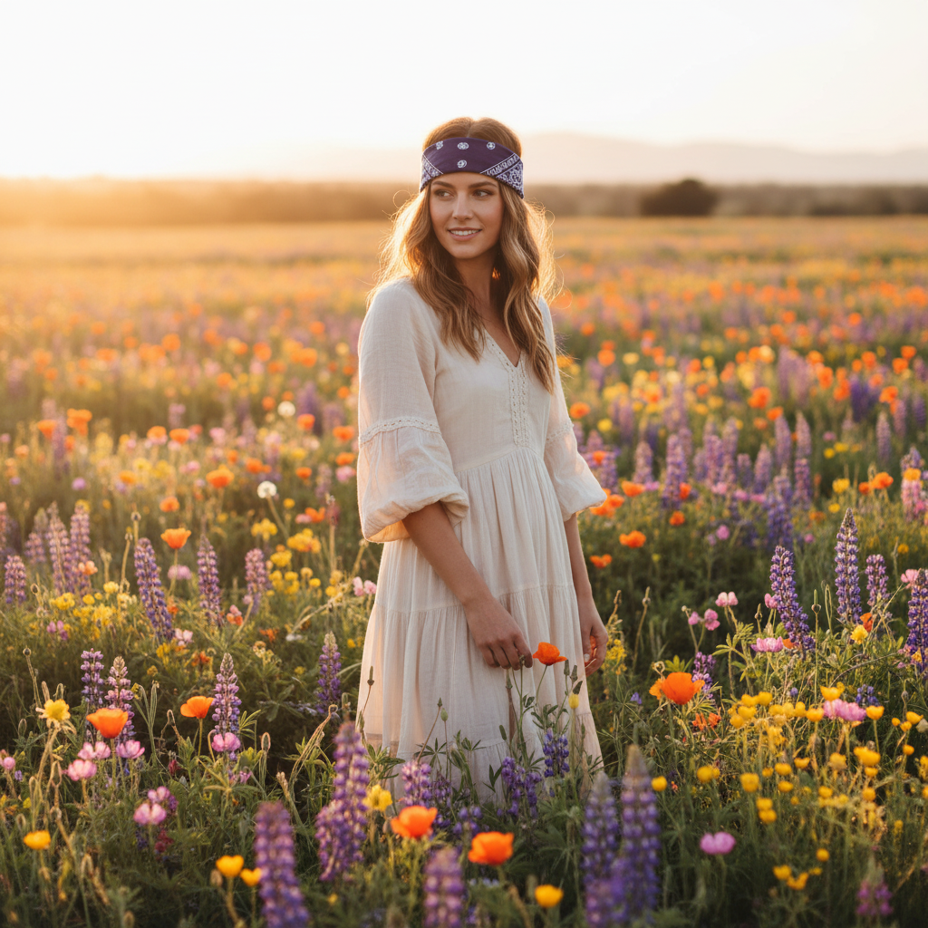 Woman wearing navy blue paisley scarf as headband in spring wildflower field, boho style golden hour