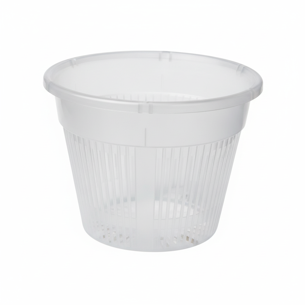 Clear 4 inch slotted plastic orchid pot on white background