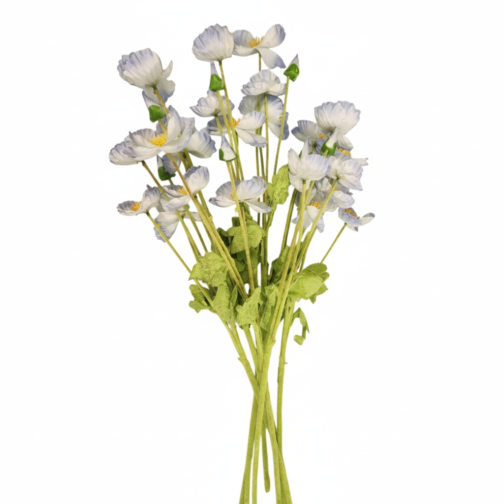 Light blue silk poppy flowers on white background, professional product photography for online shopping