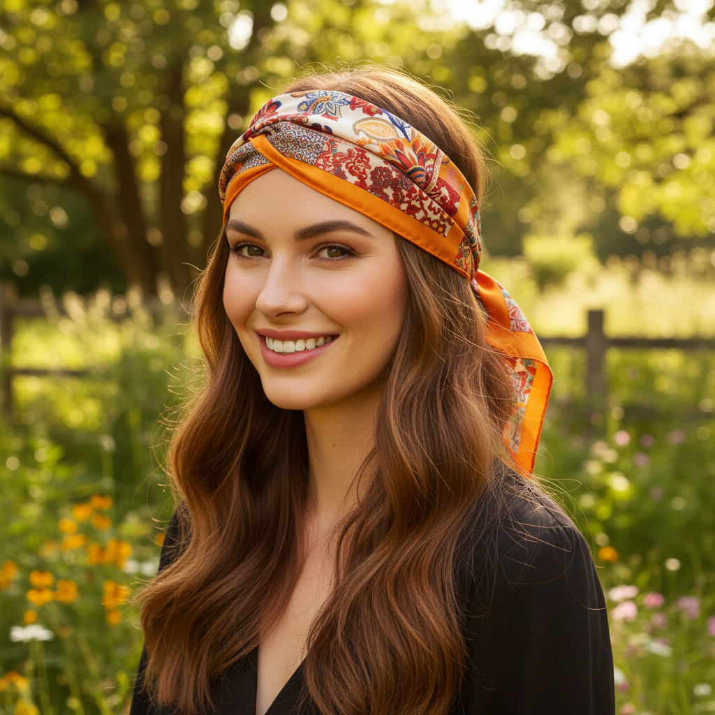 Orange bohemian floral 20x20 satin scarf styled as headband hair wrap accessory