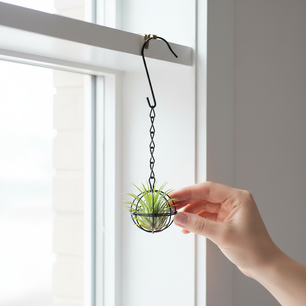 Small black metal sphere hanging planter by window in modern home showing miniature 2.75 inch size with hand for scale
